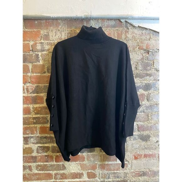 ANNE KLEIN • NWT • Black Oversized Batwing Turtleneck Sweater Fitted Multi Butto - Picture 1 of 12